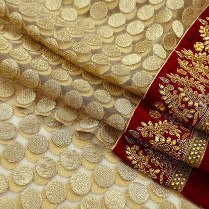 Indian Vintage Heavy Golden Dupatta Net Mesh Long Stole Hand Embroidered Scarves Golden Zardozi Dabka Bridal Veil Hijab Red Velvet Border