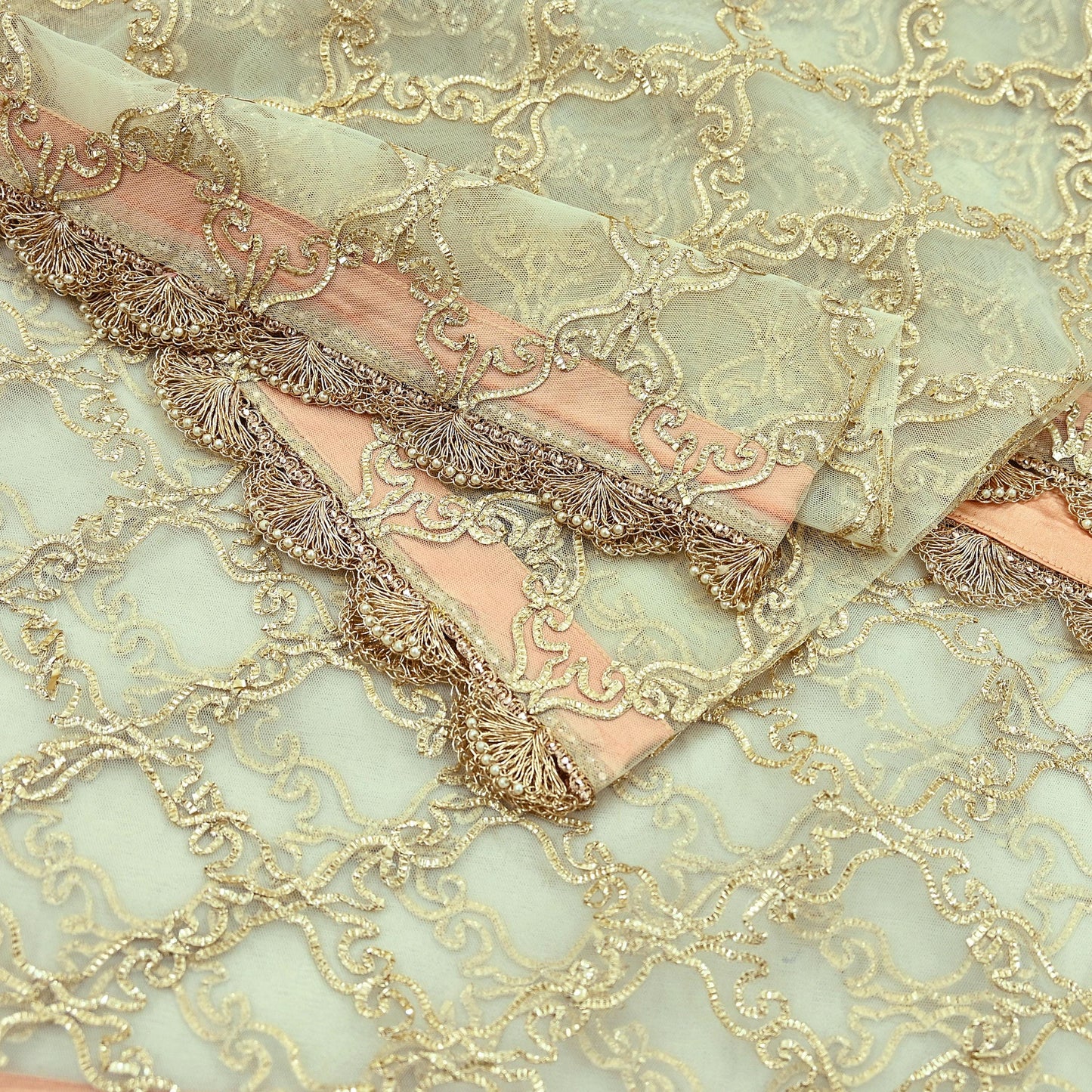 Indian Vintage Heavy Ivory Dupatta Net Mesh Long Stole Hand Embroidered Scarves Zardozi Dabka Zari Sequins Bridal Wedding Veil Hijab