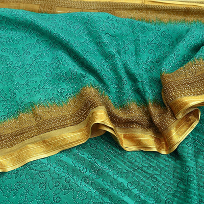 Indian Vintage Sari Green Pure Cotton Printed Sarees Craft Fabric 5Yd Soft Sewing Sarong Wrap Boho Floral Quilting Upcycle Crafting