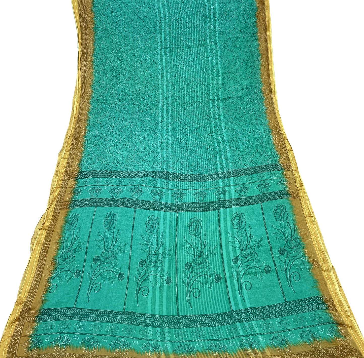 Indian Vintage Sari Green Pure Cotton Printed Sarees Craft Fabric 5Yd Soft Sewing Sarong Wrap Boho Floral Quilting Upcycle Crafting
