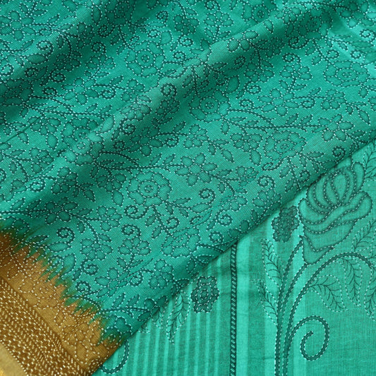 Indian Vintage Sari Green Pure Cotton Printed Sarees Craft Fabric 5Yd Soft Sewing Sarong Wrap Boho Floral Quilting Upcycle Crafting