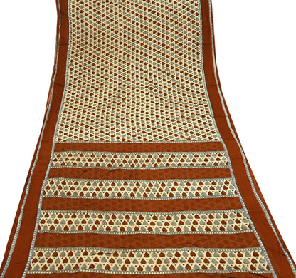 Indian Vintage Beige Saree Printed 100% Pure Cotton Sari Craft Fabric 5Yd Soft Sewing Sarong Wrap Dress Making Quilting Crafting