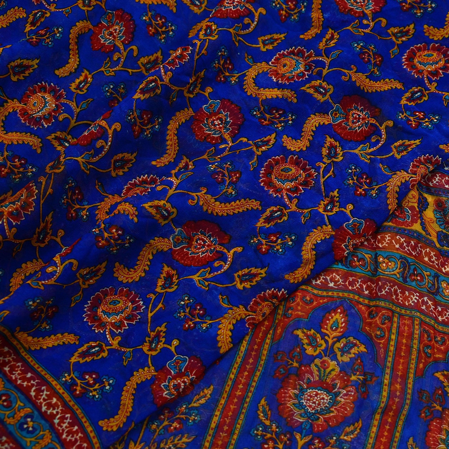 Indian Vintage Dupatta Blue Long Stole Hand Beaded Printed Pure Georgette Silk Scarves Veil Wrap Soft Floral