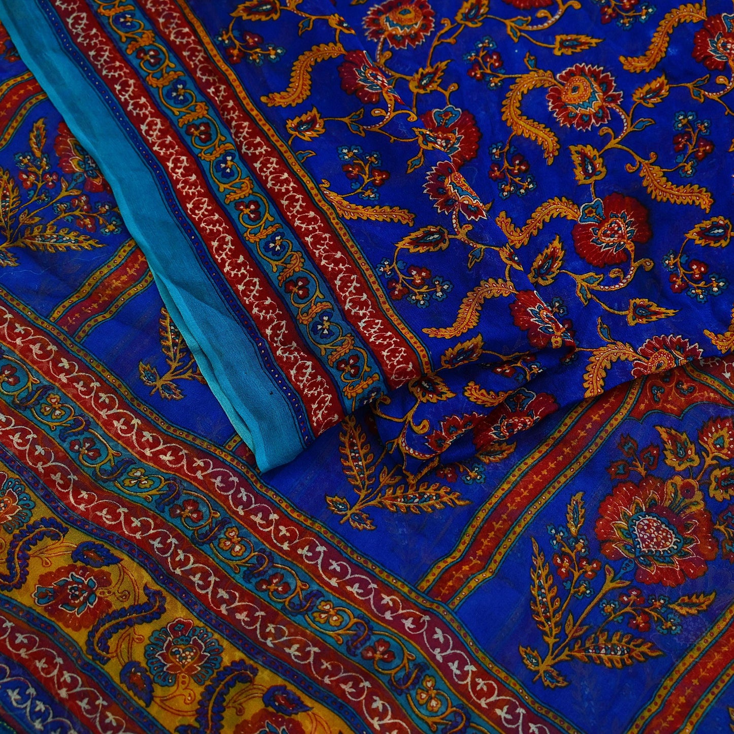 Indian Vintage Dupatta Blue Long Stole Hand Beaded Printed Pure Georgette Silk Scarves Veil Wrap Soft Floral