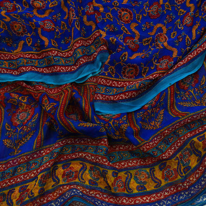 Indian Vintage Dupatta Blue Long Stole Hand Beaded Printed Pure Georgette Silk Scarves Veil Wrap Soft Floral