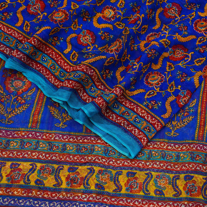 Indian Vintage Dupatta Blue Long Stole Hand Beaded Printed Pure Georgette Silk Scarves Veil Wrap Soft Floral