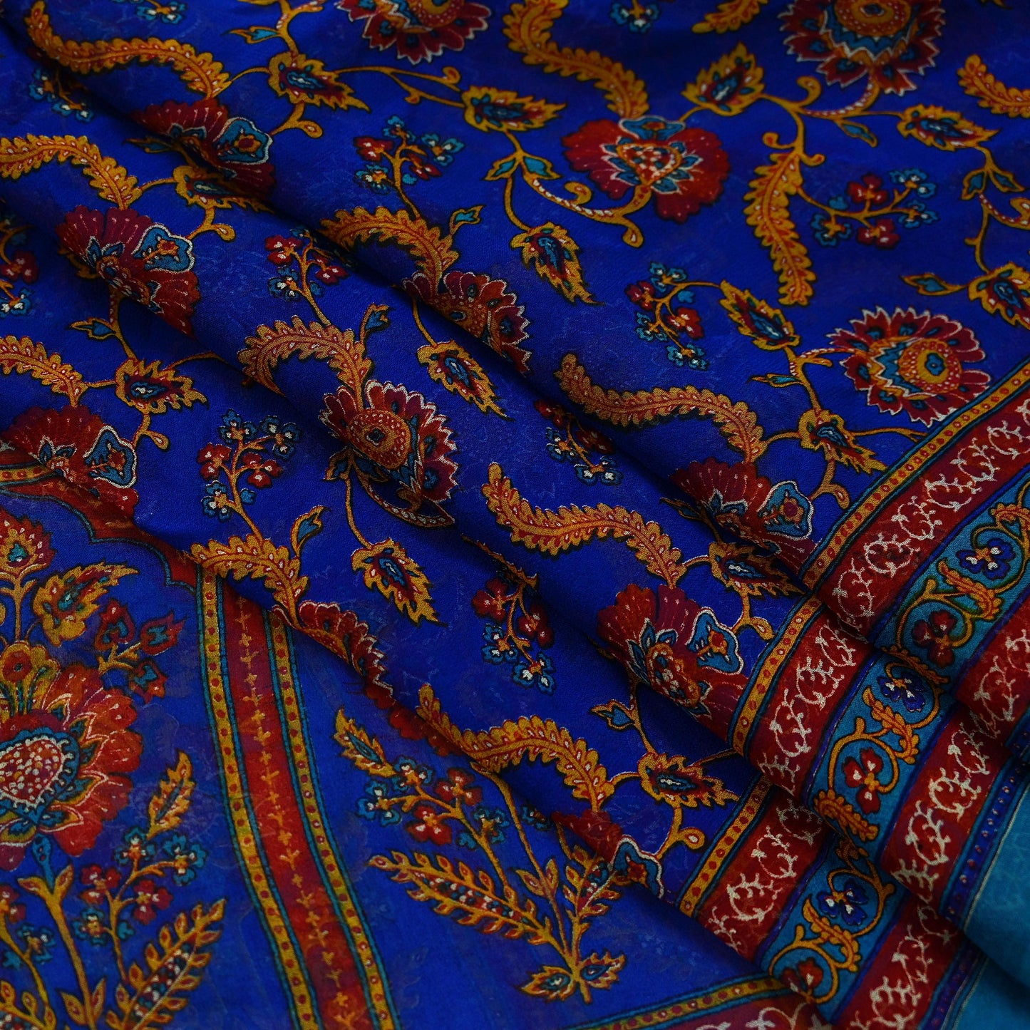 Indian Vintage Dupatta Blue Long Stole Hand Beaded Printed Pure Georgette Silk Scarves Veil Wrap Soft Floral