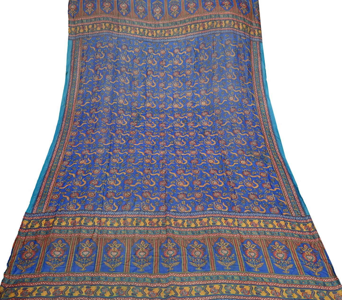 Indian Vintage Dupatta Blue Long Stole Hand Beaded Printed Pure Georgette Silk Scarves Veil Wrap Soft Floral