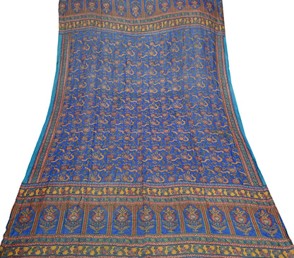 Indian Vintage Dupatta Blue Long Stole Hand Beaded Printed Pure Georgette Silk Scarves Veil Wrap Soft Floral