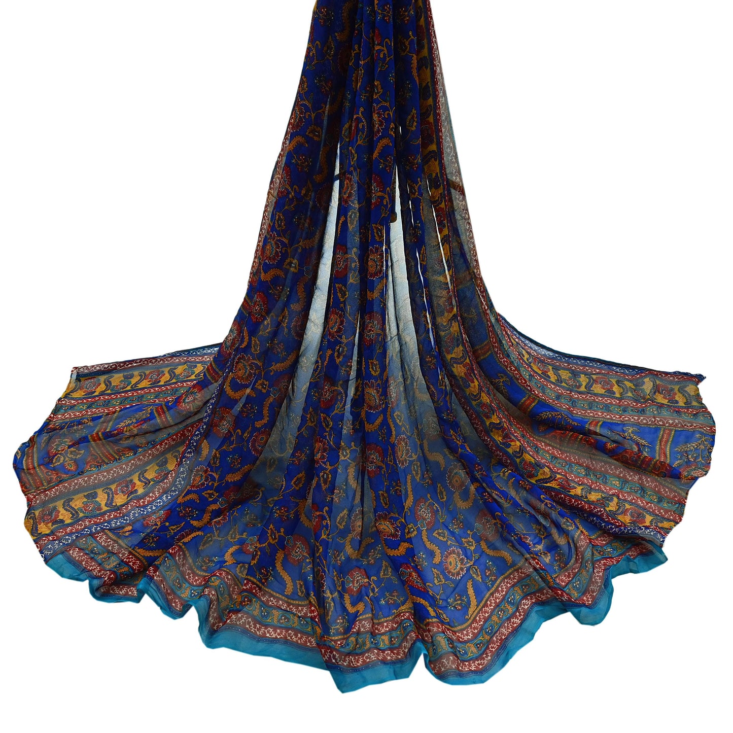 Indian Vintage Dupatta Blue Long Stole Hand Beaded Printed Pure Georgette Silk Scarves Veil Wrap Soft Floral