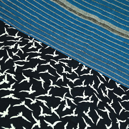 Indian Vintage Blue & Black Saree Hand Block Printed 100% Pure Cotton Sari Soft Craft Fabric 5Yd Dress making Crafting Upcycle Quilting