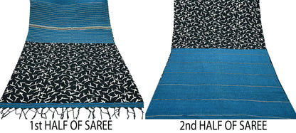 Indian Vintage Blue & Black Saree Hand Block Printed 100% Pure Cotton Sari Soft Craft Fabric 5Yd Dress making Crafting Upcycle Quilting