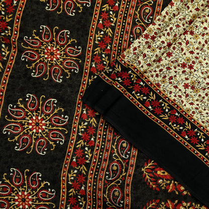 Indian Vintage Sari Beige & Black Printed Pure Cotton Sarees Fabric Floral 5Yd Sarong Wrap Boho Fabric Kimono Soft Dress making Crafting