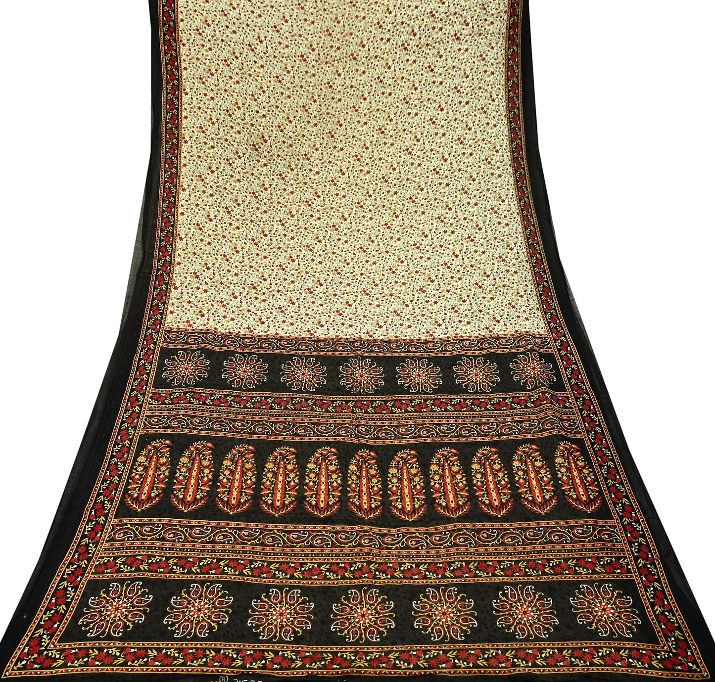 Indian Vintage Sari Beige & Black Printed Pure Cotton Sarees Fabric Floral 5Yd Sarong Wrap Boho Fabric Kimono Soft Dress making Crafting