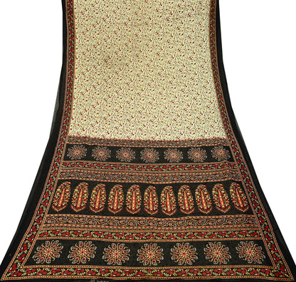 Indian Vintage Sari Beige & Black Printed Pure Cotton Sarees Fabric Floral 5Yd Sarong Wrap Boho Fabric Kimono Soft Dress making Crafting