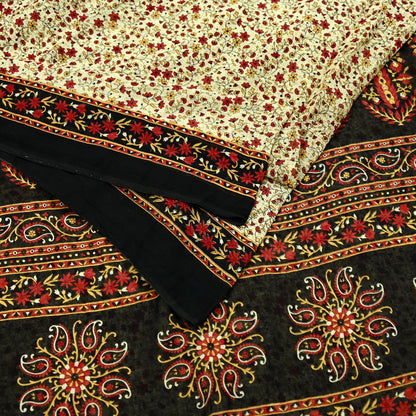 Indian Vintage Sari Beige & Black Printed Pure Cotton Sarees Fabric Floral 5Yd Sarong Wrap Boho Fabric Kimono Soft Dress making Crafting