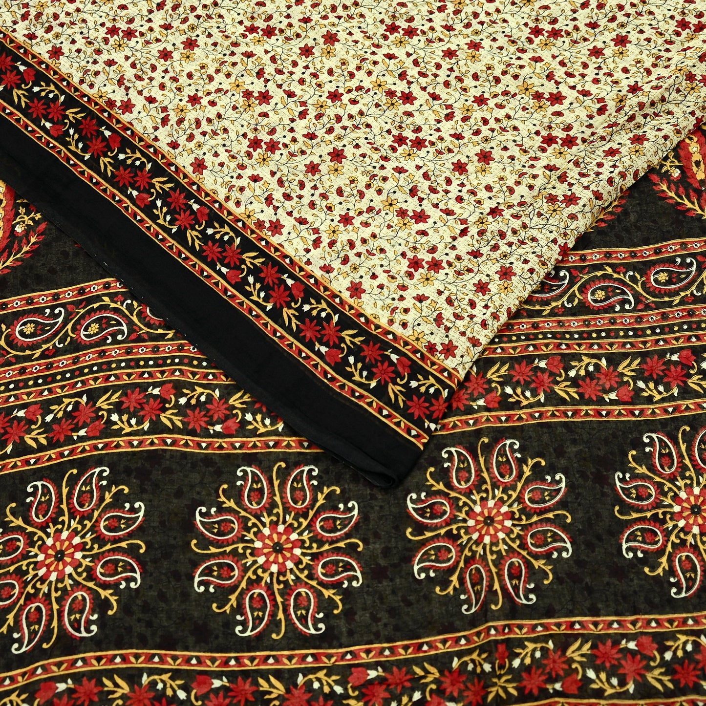 Indian Vintage Sari Beige & Black Printed Pure Cotton Sarees Fabric Floral 5Yd Sarong Wrap Boho Fabric Kimono Soft Dress making Crafting