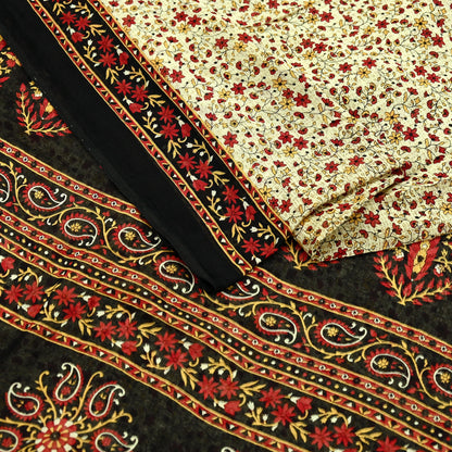 Indian Vintage Sari Beige & Black Printed Pure Cotton Sarees Fabric Floral 5Yd Sarong Wrap Boho Fabric Kimono Soft Dress making Crafting