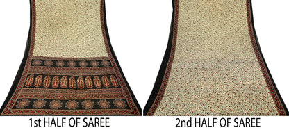 Indian Vintage Sari Beige & Black Printed Pure Cotton Sarees Fabric Floral 5Yd Sarong Wrap Boho Fabric Kimono Soft Dress making Crafting