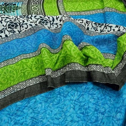 Indian Vintage Sari White & Blue Pure chanderi Silk Block Printed Sarees Craft Fabric 5Yd Fringes Floral Dress making bollywood sarees
