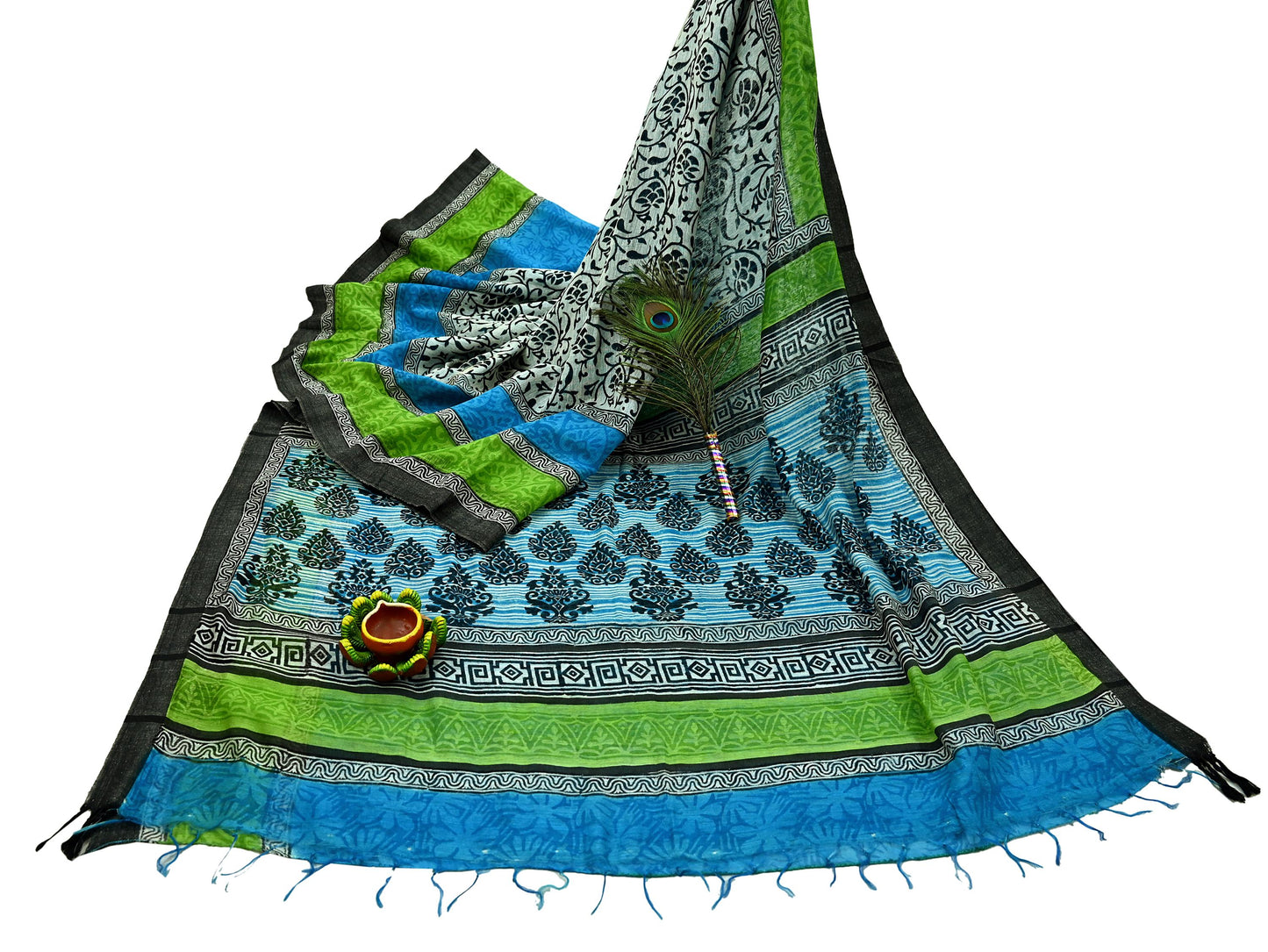 Indian Vintage Sari White & Blue Pure chanderi Silk Block Printed Sarees Craft Fabric 5Yd Fringes Floral Dress making bollywood sarees