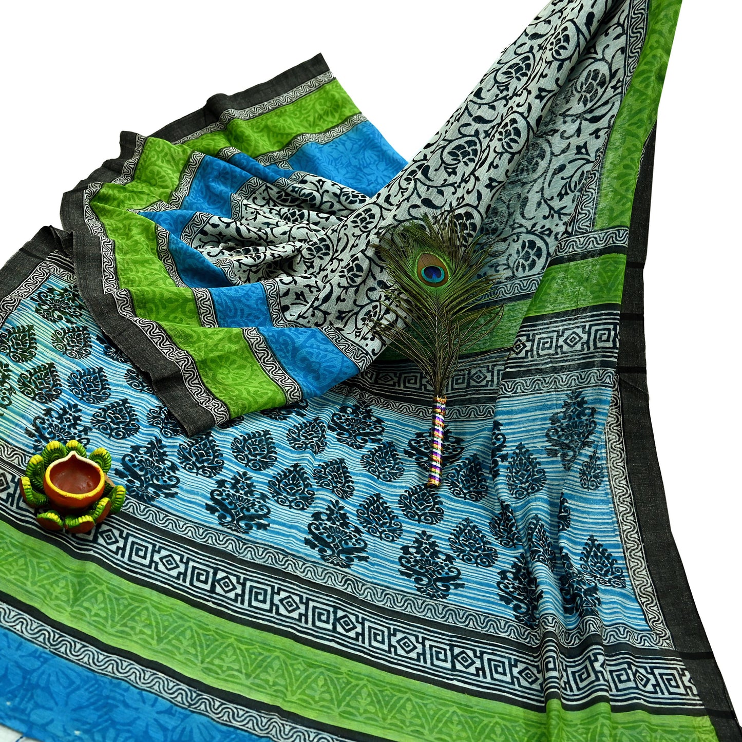 Indian Vintage Sari White & Blue Pure chanderi Silk Block Printed Sarees Craft Fabric 5Yd Fringes Floral Dress making bollywood sarees