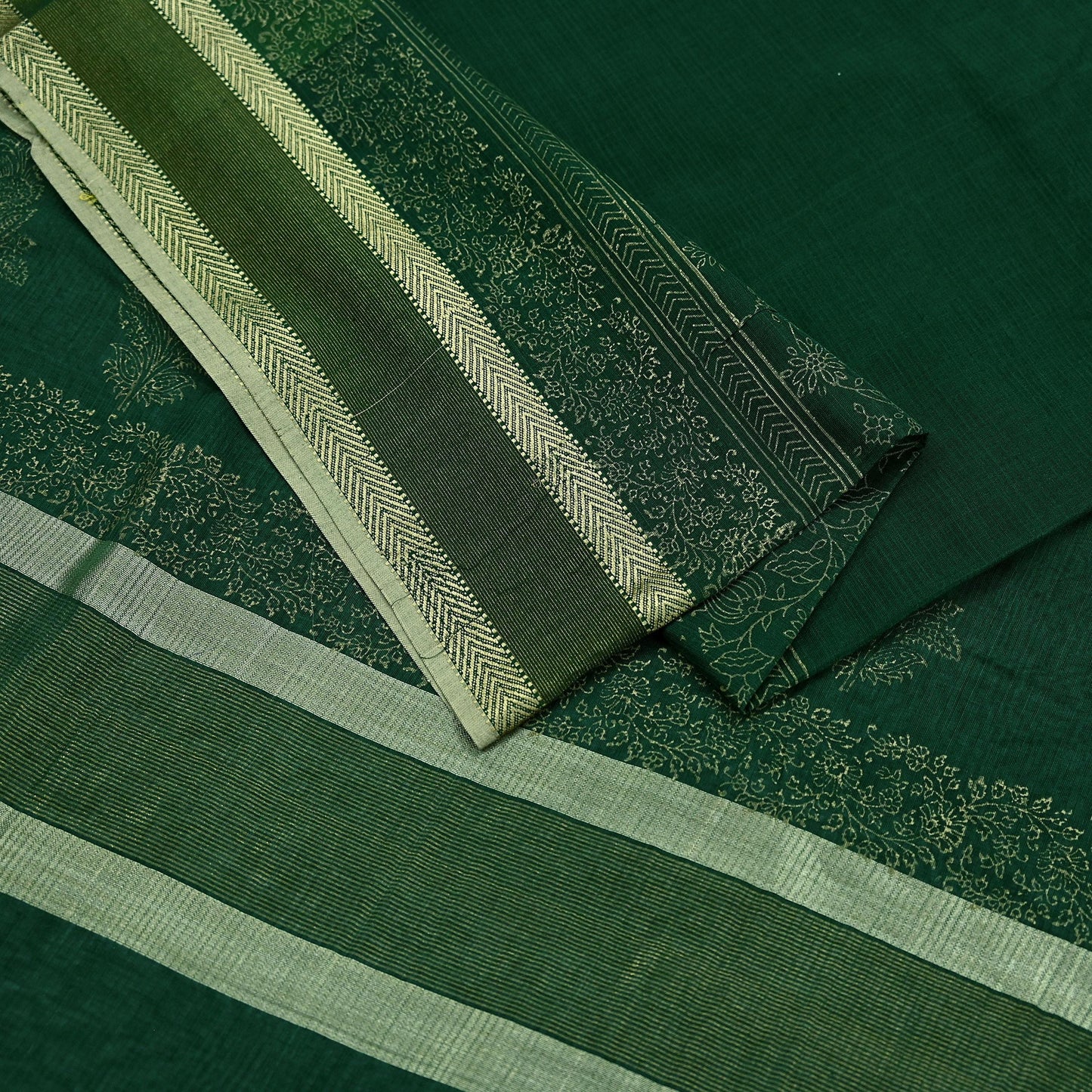 Indian Vintage Sari Green Block Printed Sari Pure chanderi Silk Saree Craft Fabric 5Yd Floral Soft Zari Dress making For Crafting Quilting