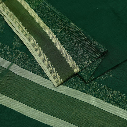 Indian Vintage Sari Green Block Printed Sari Pure chanderi Silk Saree Craft Fabric 5Yd Floral Soft Zari Dress making For Crafting Quilting