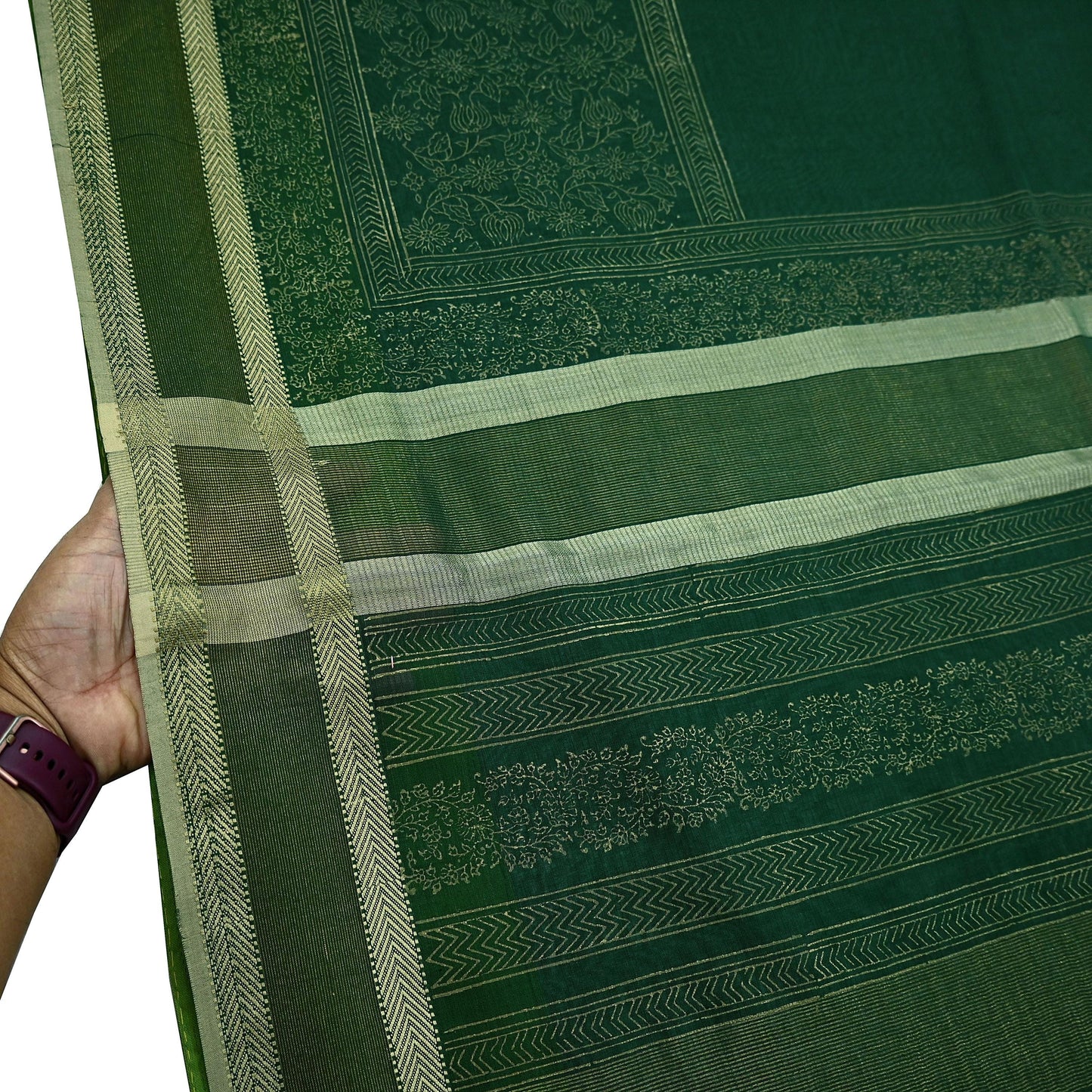Indian Vintage Sari Green Block Printed Sari Pure chanderi Silk Saree Craft Fabric 5Yd Floral Soft Zari Dress making For Crafting Quilting