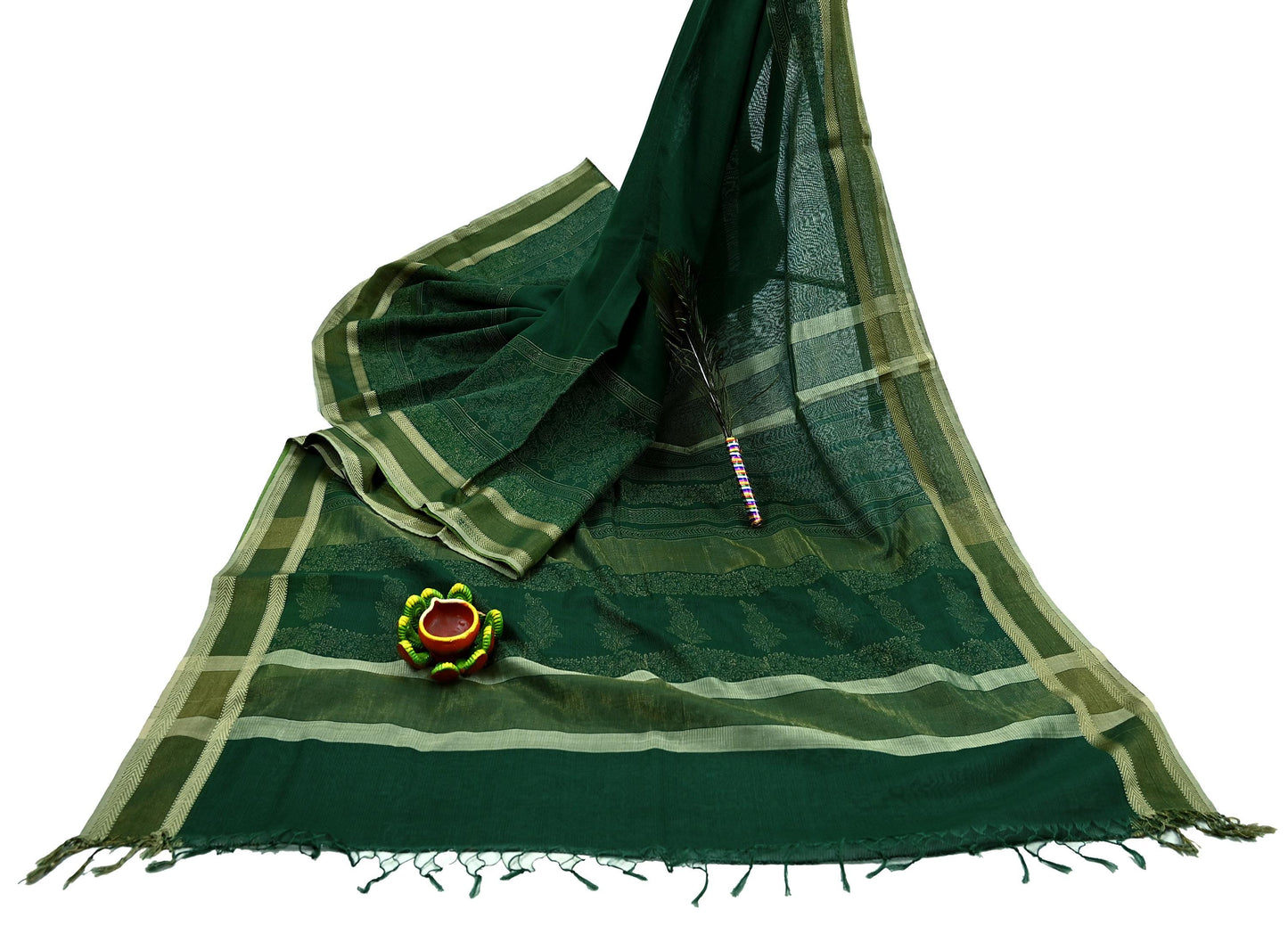 Indian Vintage Sari Green Block Printed Sari Pure chanderi Silk Saree Craft Fabric 5Yd Floral Soft Zari Dress making For Crafting Quilting