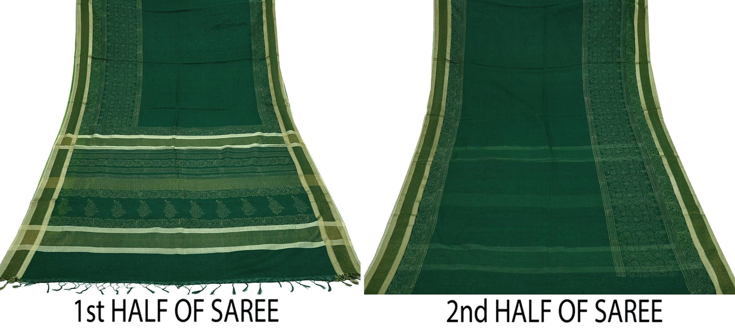 Indian Vintage Sari Green Block Printed Sari Pure chanderi Silk Saree Craft Fabric 5Yd Floral Soft Zari Dress making For Crafting Quilting