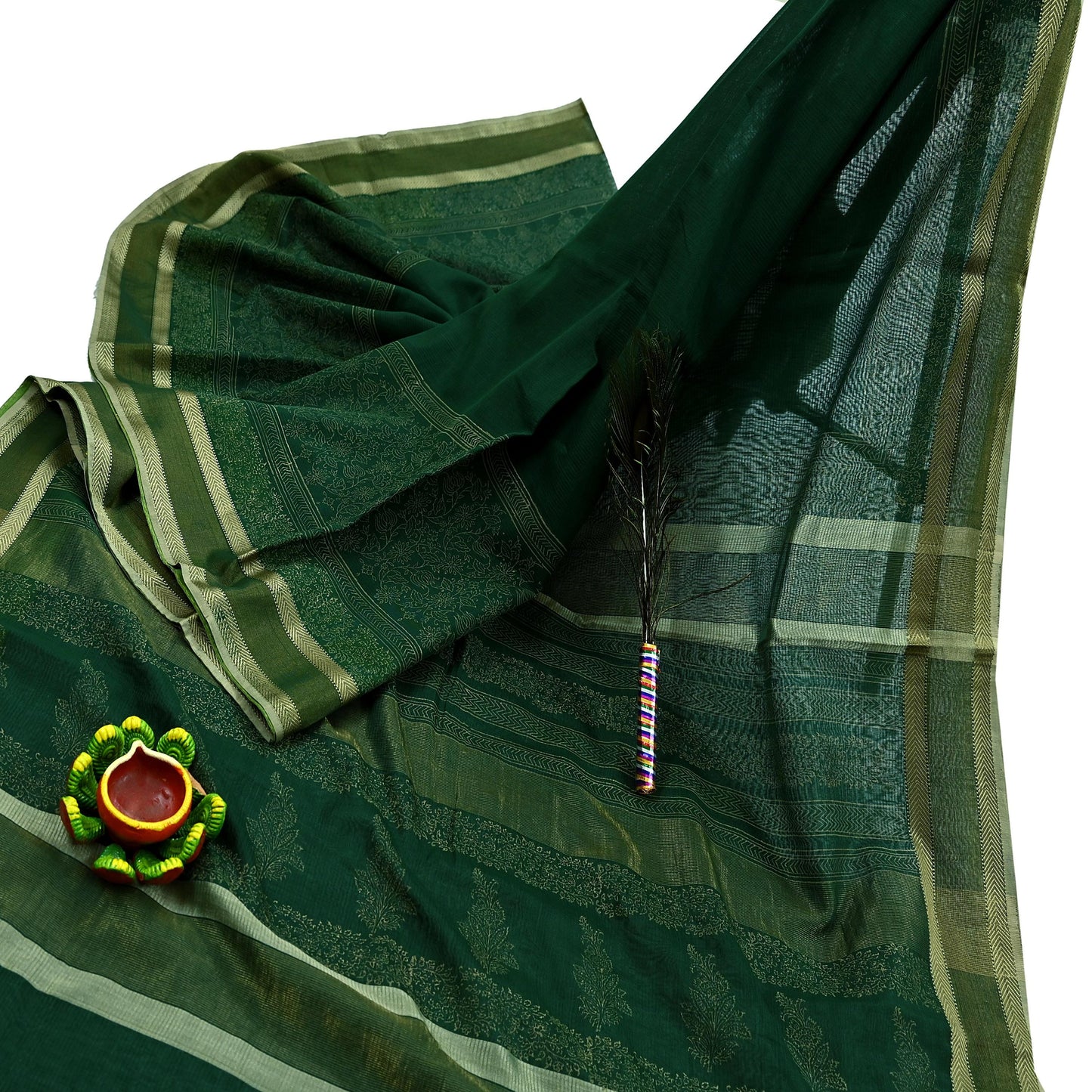 Indian Vintage Sari Green Block Printed Sari Pure chanderi Silk Saree Craft Fabric 5Yd Floral Soft Zari Dress making For Crafting Quilting