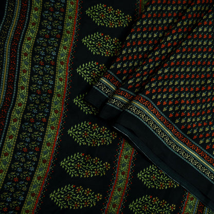 Indian Vintage Saree Black Moss Crepe Printed Sari 5yd Sewing Floral Soft Craft Fabric Dressmaking Quilting For Crafting Upcycle