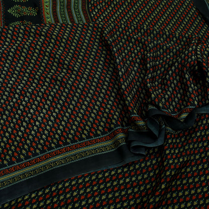 Indian Vintage Saree Black Moss Crepe Printed Sari 5yd Sewing Floral Soft Craft Fabric Dressmaking Quilting For Crafting Upcycle