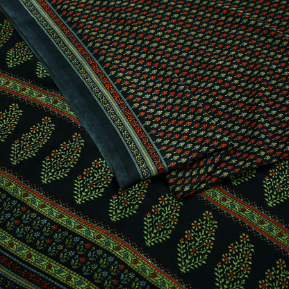 Indian Vintage Saree Black Moss Crepe Printed Sari 5yd Sewing Floral Soft Craft Fabric Dressmaking Quilting For Crafting Upcycle