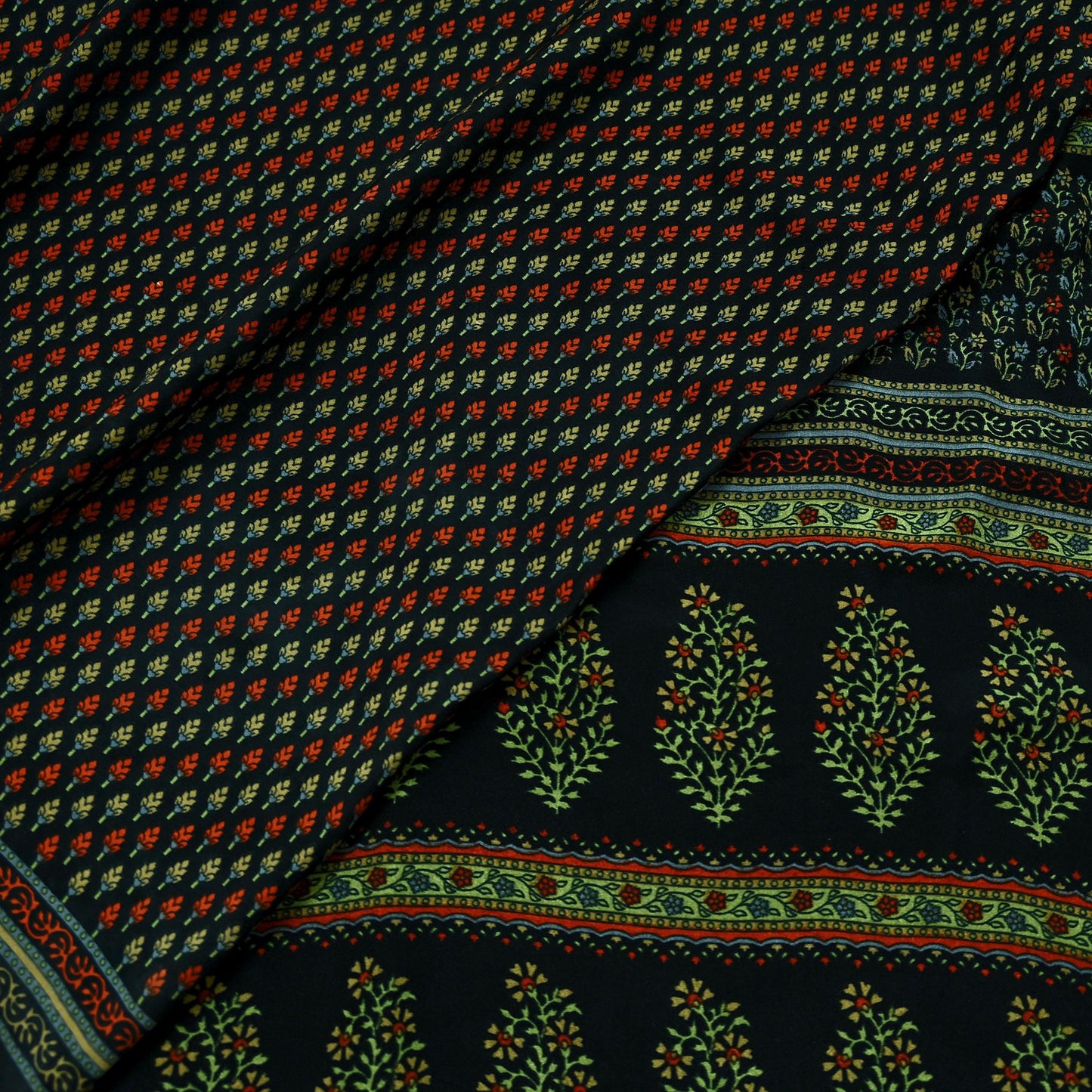 Indian Vintage Saree Black Moss Crepe Printed Sari 5yd Sewing Floral Soft Craft Fabric Dressmaking Quilting For Crafting Upcycle