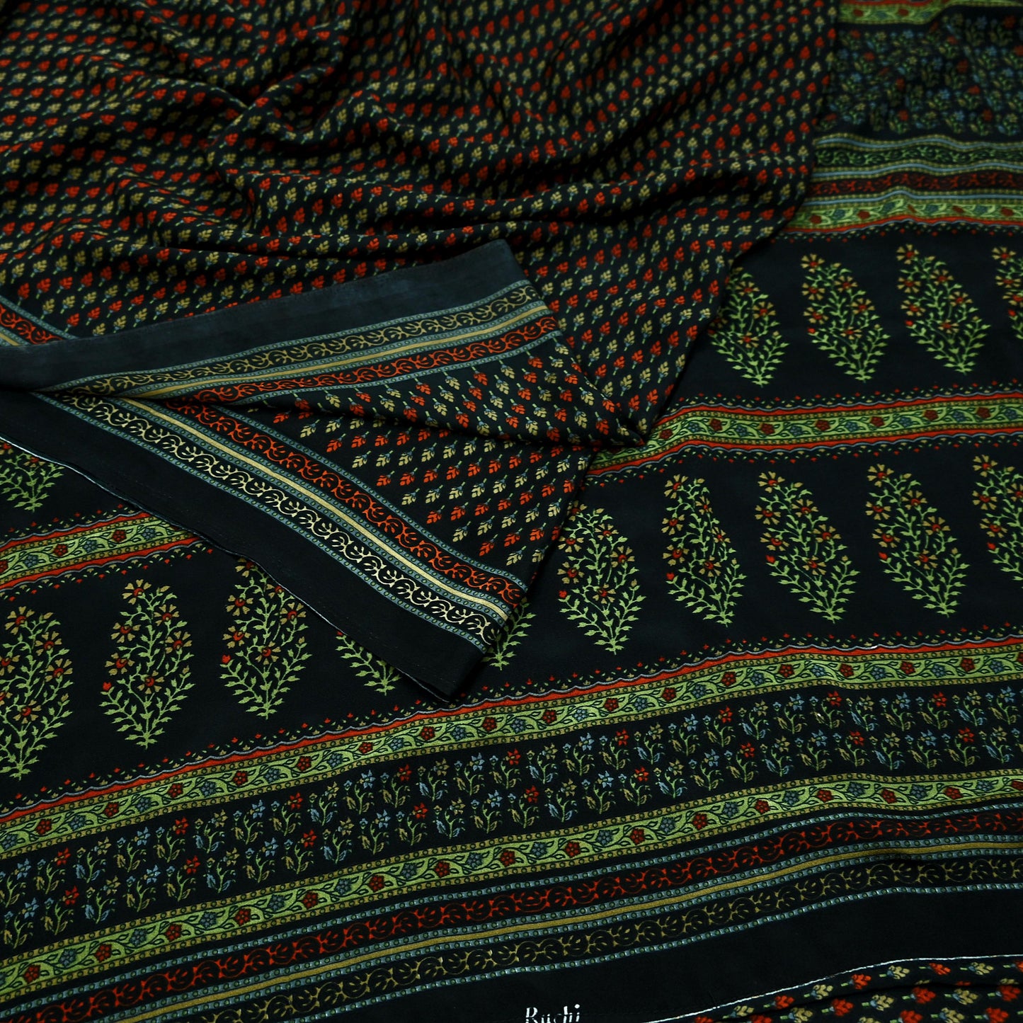 Indian Vintage Saree Black Moss Crepe Printed Sari 5yd Sewing Floral Soft Craft Fabric Dressmaking Quilting For Crafting Upcycle