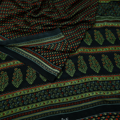 Indian Vintage Saree Black Moss Crepe Printed Sari 5yd Sewing Floral Soft Craft Fabric Dressmaking Quilting For Crafting Upcycle