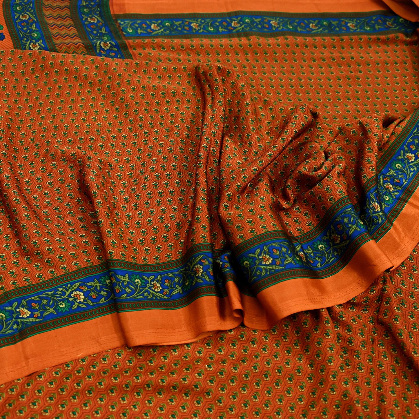 Indian Vintage Saree Orange Moss Crepe Printed Sari 5yd Sewing Floral Soft Craft Fabric Dressmaking Quilting Crafting Upcycle