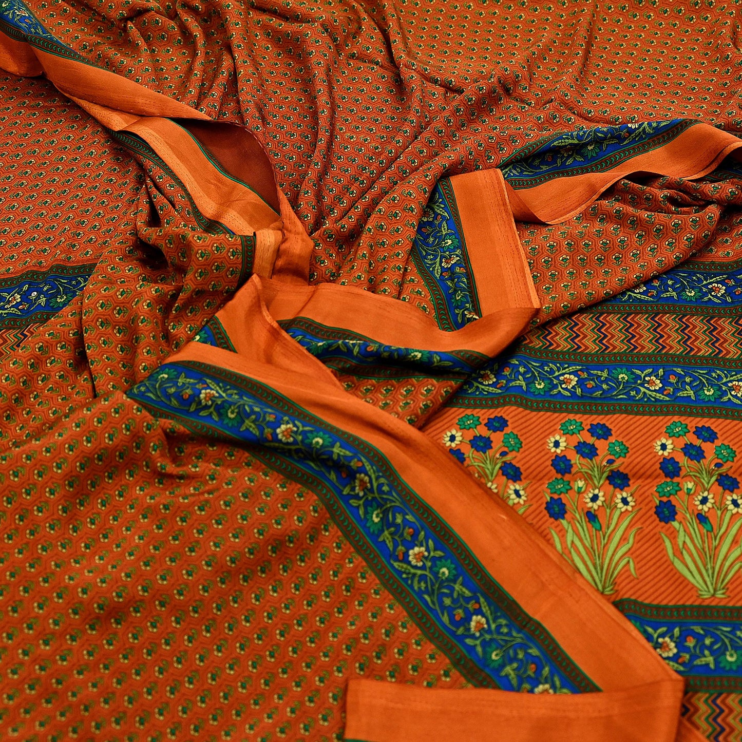 Indian Vintage Saree Orange Moss Crepe Printed Sari 5yd Sewing Floral Soft Craft Fabric Dressmaking Quilting Crafting Upcycle