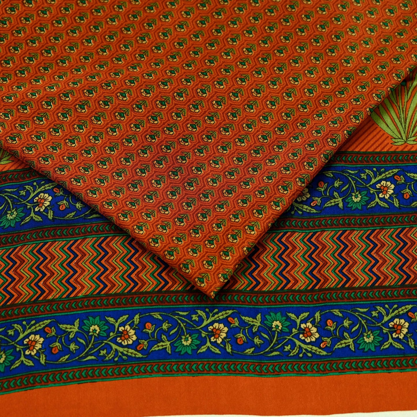 Indian Vintage Saree Orange Moss Crepe Printed Sari 5yd Sewing Floral Soft Craft Fabric Dressmaking Quilting Crafting Upcycle