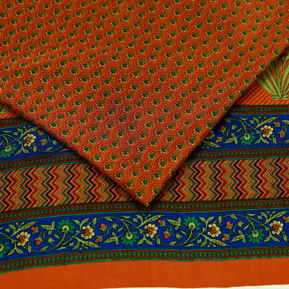 Indian Vintage Saree Orange Moss Crepe Printed Sari 5yd Sewing Floral Soft Craft Fabric Dressmaking Quilting Crafting Upcycle