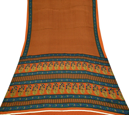 Indian Vintage Saree Orange Moss Crepe Printed Sari 5yd Sewing Floral Soft Craft Fabric Dressmaking Quilting Crafting Upcycle
