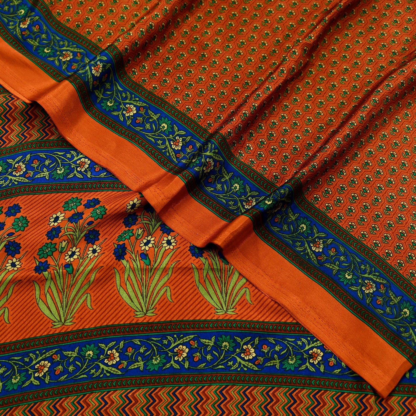 Indian Vintage Saree Orange Moss Crepe Printed Sari 5yd Sewing Floral Soft Craft Fabric Dressmaking Quilting Crafting Upcycle