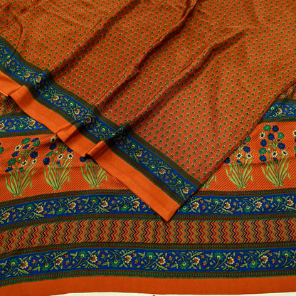 Indian Vintage Saree Orange Moss Crepe Printed Sari 5yd Sewing Floral Soft Craft Fabric Dressmaking Quilting Crafting Upcycle