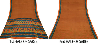 Indian Vintage Saree Orange Moss Crepe Printed Sari 5yd Sewing Floral Soft Craft Fabric Dressmaking Quilting Crafting Upcycle