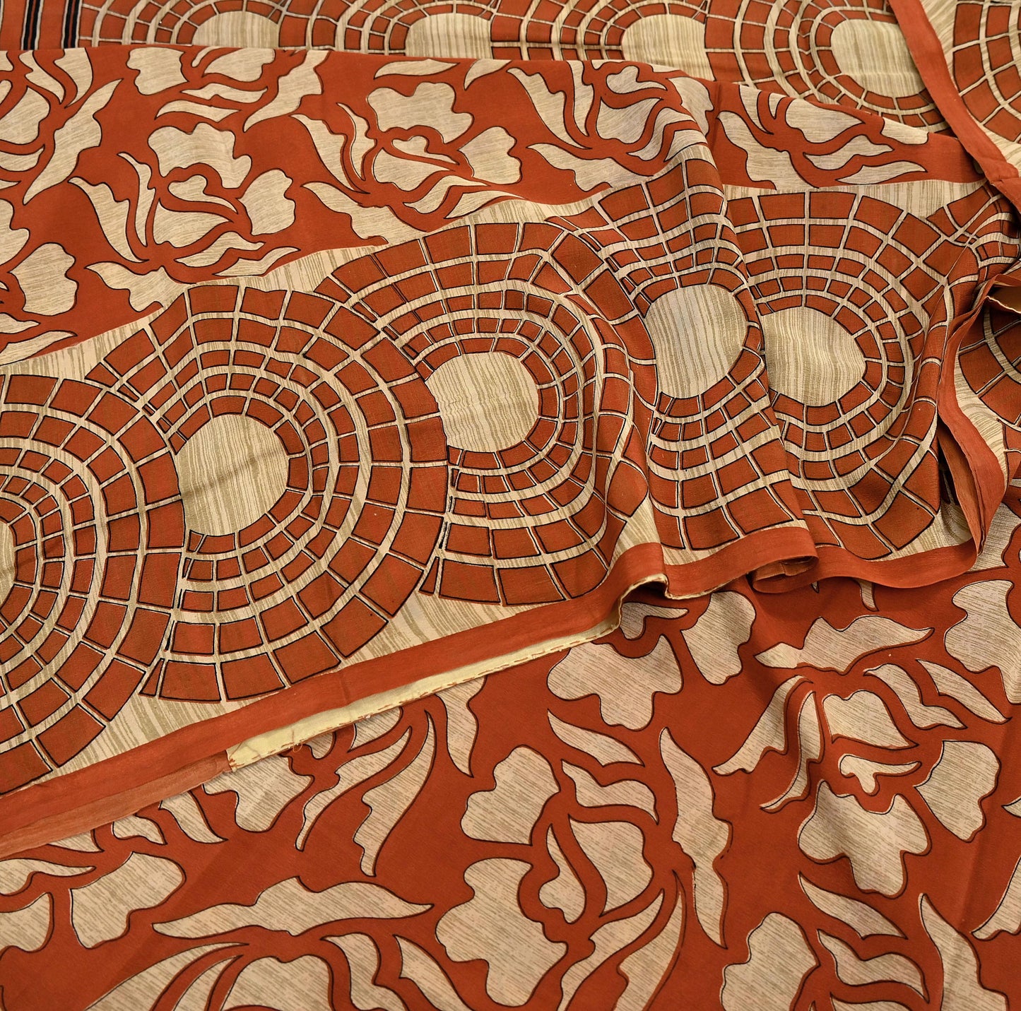 Indian Vintage Sari Orange & Beige Pure Crepe Silk Hand Woven Sarees 6yd Sewing Craft Fabric Dress making Crafting Quilting