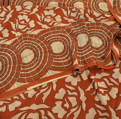 Indian Vintage Sari Orange & Beige Pure Crepe Silk Hand Woven Sarees 6yd Sewing Craft Fabric Dress making Crafting Quilting