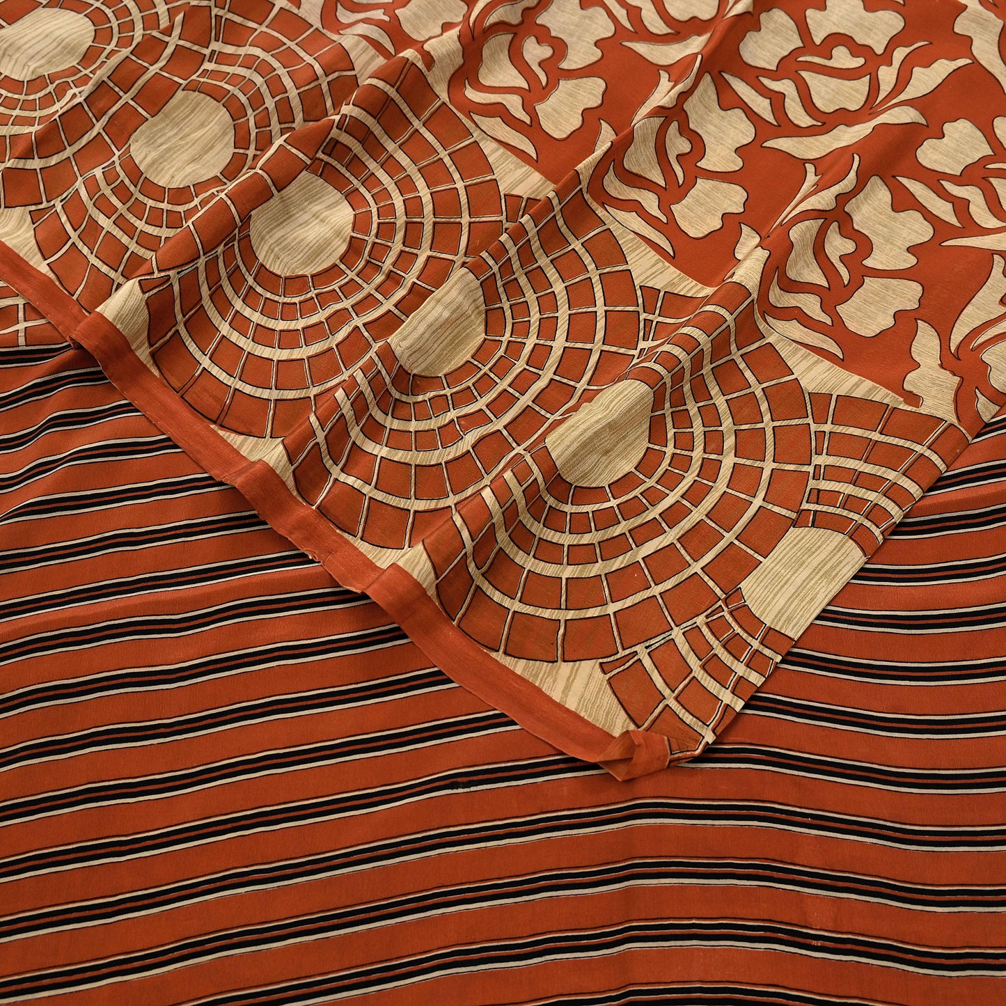 Indian Vintage Sari Orange & Beige Pure Crepe Silk Hand Woven Sarees 6yd Sewing Craft Fabric Dress making Crafting Quilting