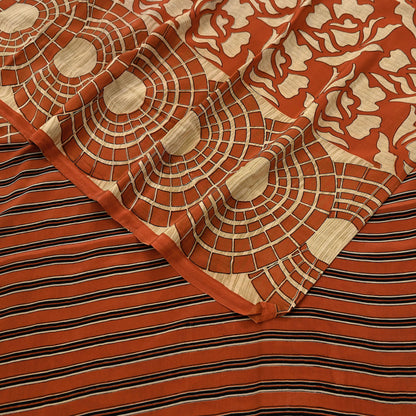 Indian Vintage Sari Orange & Beige Pure Crepe Silk Hand Woven Sarees 6yd Sewing Craft Fabric Dress making Crafting Quilting